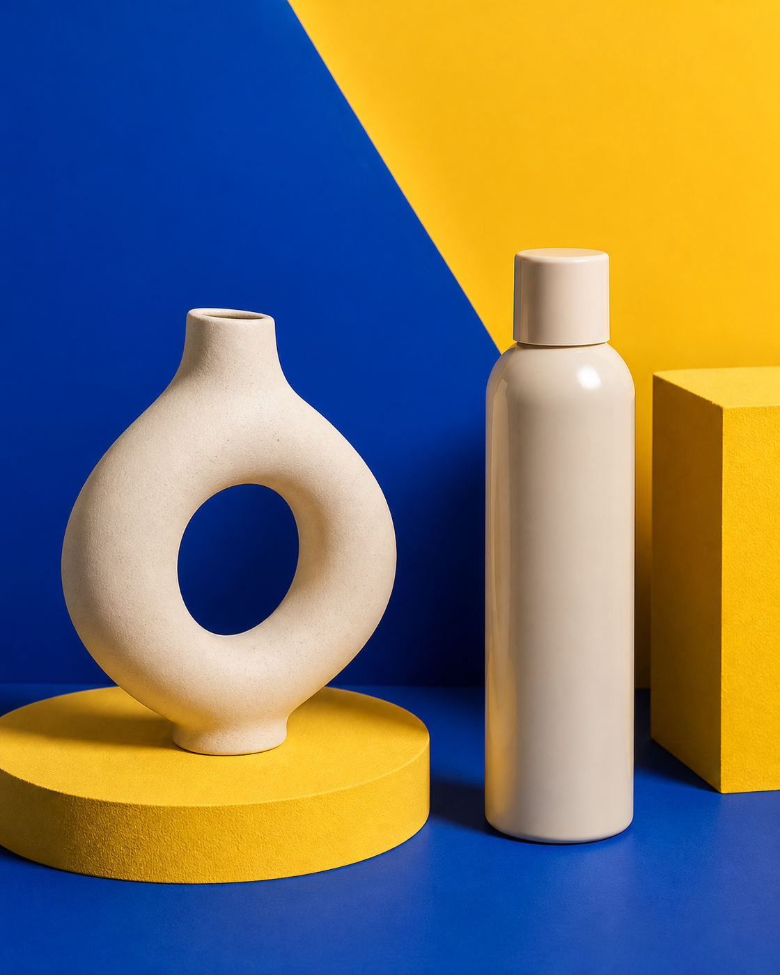 Composition de produits photographiés sur fond blanc et jaune